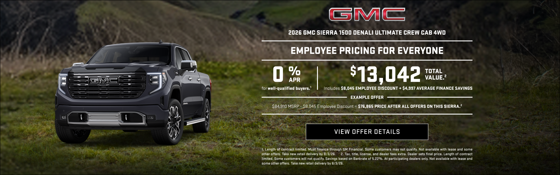 0% APR for well-qualified buyers.1

$13,042 Total Value.2

Example offer:
$84,910 MSRP
$8,045 Emp...
