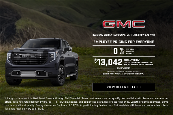 0% APR for well-qualified buyers.1

$13,042 Total Value.2

Example offer:
$84,910 MSRP
$8,045 Emp...